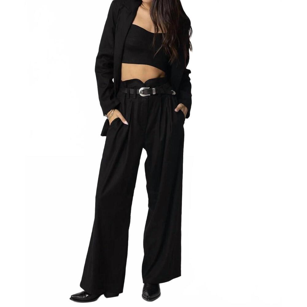 NEW STILLWATER stretch linen knotch waist pants in black